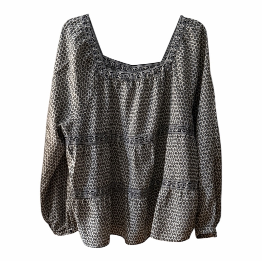 Old Navy Black and Cream Square-Neck Peasant Blouse
